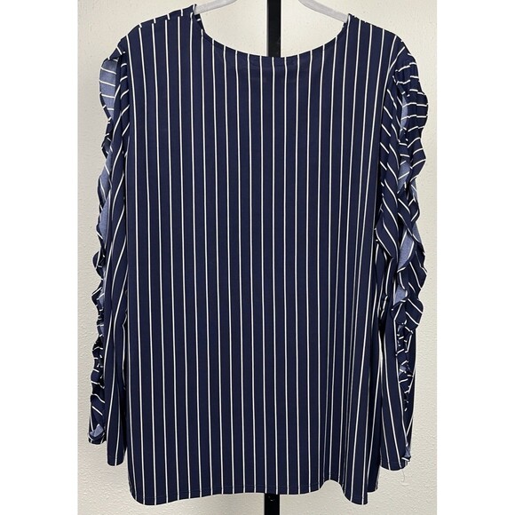 Banana Republic XXL Ruffle Split Sleeve Blouse Navy Pinstripe Stretch Top Career - Picture 2 of 6